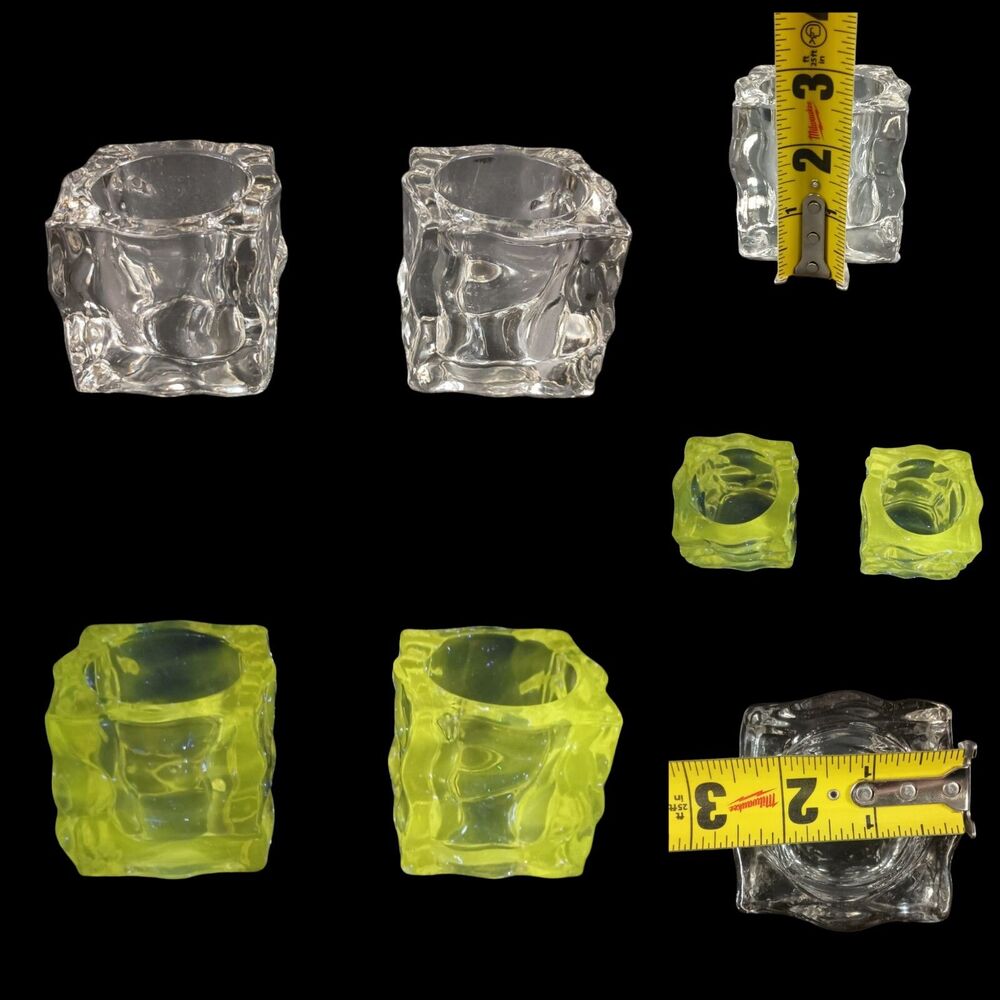 Set Of 2 Partylite GLACIER Square Ice Clear Glass Tealight Candle Holder UV Glow